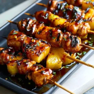 Grilled BBQ Pineapple Chicken Kabobs on a platter with vibrant vegetables.