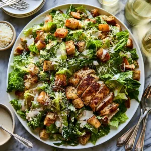 Delicious Chicken Caesar Salad with romaine lettuce, grilled chicken, and Caesar dressing