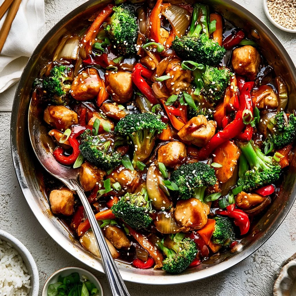 Delicious chicken stir-fry with colorful vegetables in a wok