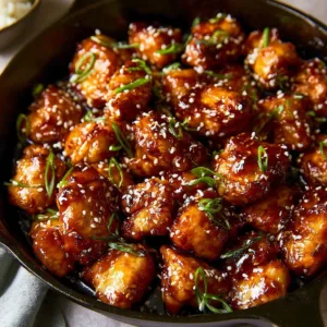 Delicious sesame chicken dish garnished with sesame seeds.