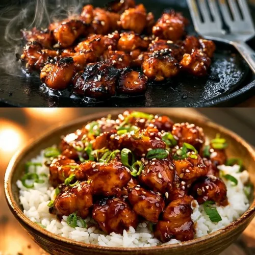Delicious Blackstone Bourbon Chicken cooked on a griddle