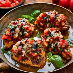 A plate of Bruschetta Chicken topped with fresh tomatoes and basil.