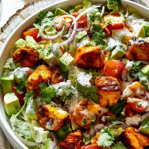 Delicious Buffalo Chicken Salad served for dinner with fresh ingredients