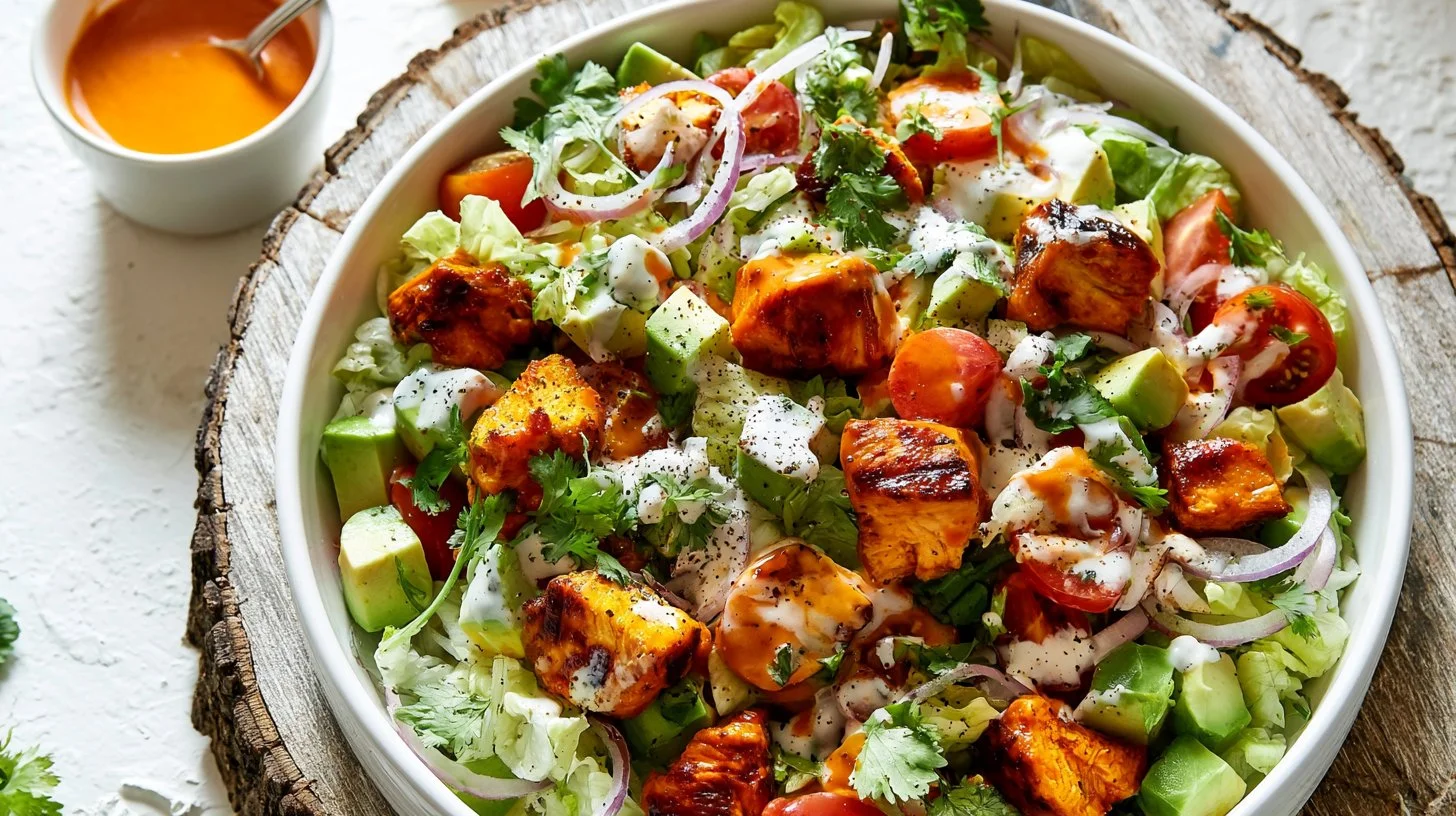 Delicious Buffalo Chicken Salad served for dinner with fresh ingredients