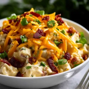 A delicious bowl of Chicken Bacon Ranch Pasta Salad, featuring pasta, chicken, bacon, and ranch dressing.