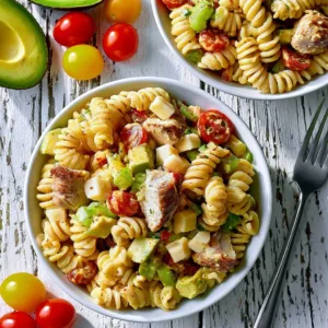 Delicious Chicken Club Pasta Salad with chicken, bacon, and vegetables