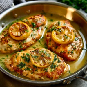 Delicious Chicken Francese served with lemon and herbs on a plate