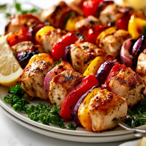 Grilled chicken kabobs with colorful vegetables on skewers