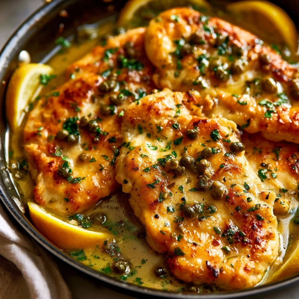 Delicious Chicken Piccata served with lemon and capers