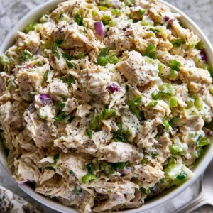 Delicious classic chicken salad served in a bowl with fresh vegetables.