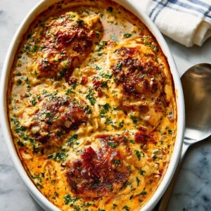 Delicious creamy baked chicken breasts topped with herbs and spices