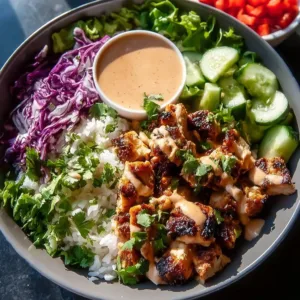 Creamy Bang Bang Chicken Bowl with vibrant ingredients and sauce