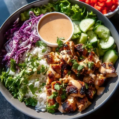 Creamy Bang Bang Chicken Bowl with vibrant ingredients and sauce