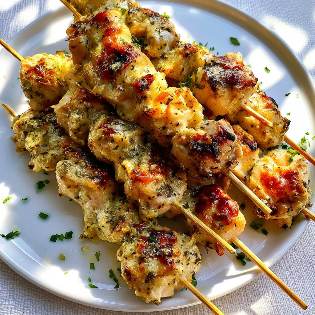 Creamy garlic Parmesan chicken served with herbs and garnished with Parmesan cheese.