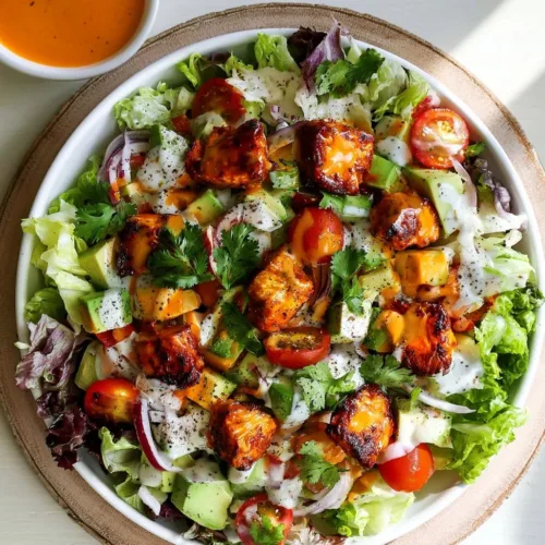 Crispy Buffalo Chicken Salad topped with fresh vegetables and spicy dressing