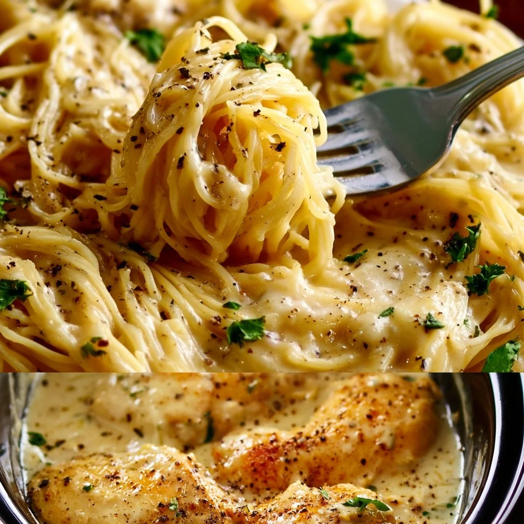 Creamy Crock Pot Angel Chicken recipe with flavorful herbs and spices.