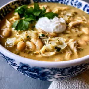 Bowl of Crockpot Creamy White Chicken Chili garnished with cilantro and lime.