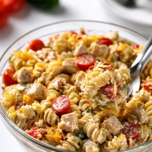 Delicious chicken bacon ranch pasta salad served in a bowl with fresh ingredients