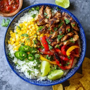 Delicious chicken fajita rice bowl with colorful peppers and onions