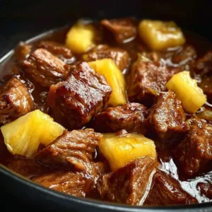 Slow cooker pineapple pork dish garnished with fresh herbs