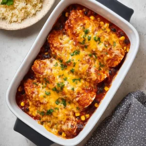 A delicious plate of easy baked salsa chicken garnished with fresh cilantro.