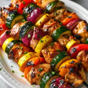 Grilled easy chicken kabobs with colorful vegetables on skewers