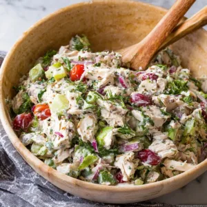 A delicious bowl of easy chicken salad with fresh vegetables and dressing.