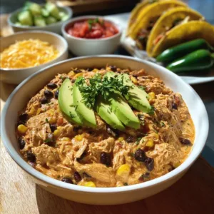 Creamy slow cooker fiesta chicken in a bowl, garnished with fresh cilantro