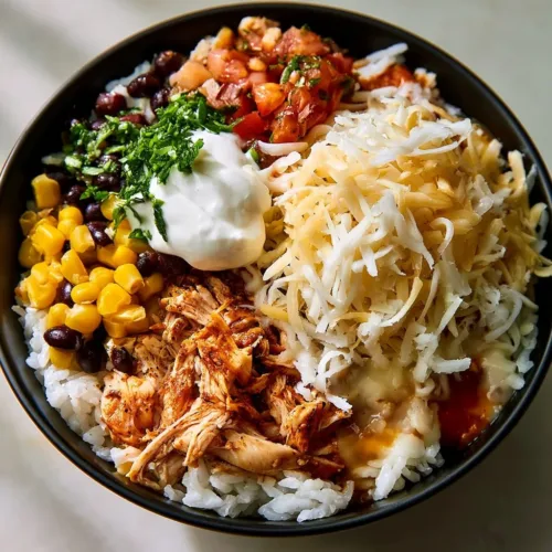 Delicious crockpot chicken burrito bowls ready to serve with fresh ingredients