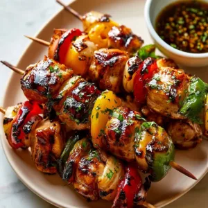 Delicious easy grilled chicken kabobs on a skewer ready for the grill