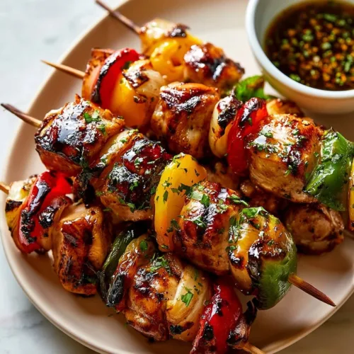 Delicious easy grilled chicken kabobs on a skewer ready for the grill