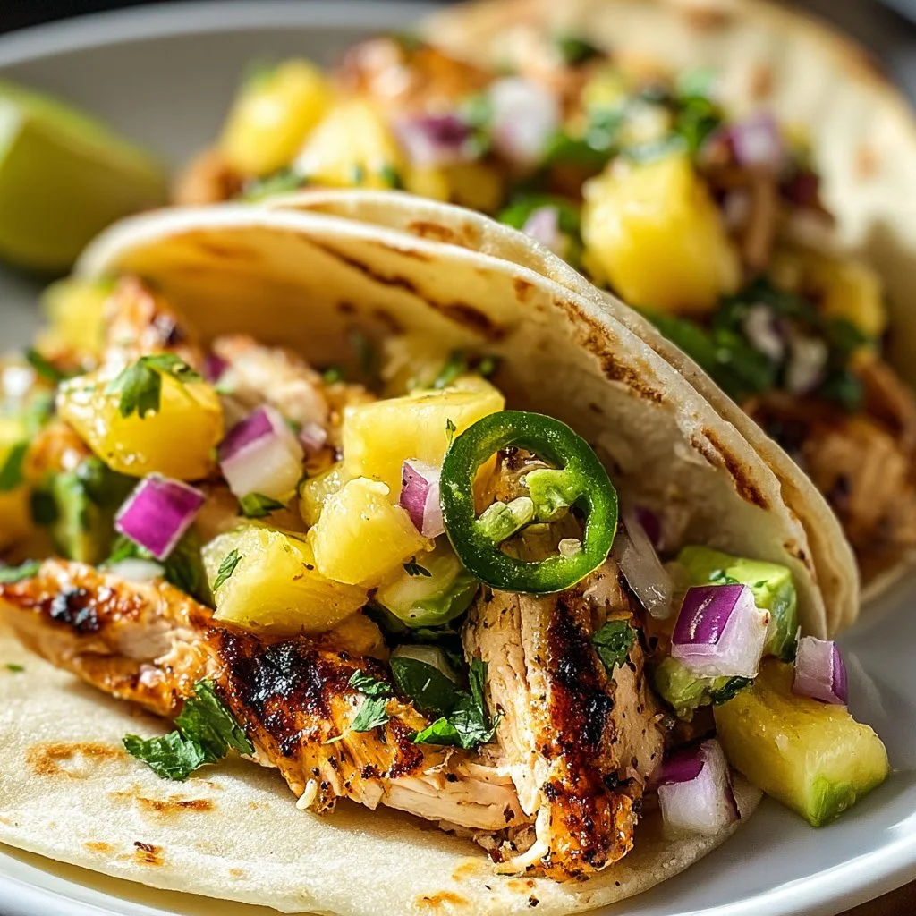 Easy Pineapple Chicken Tacos with colorful toppings