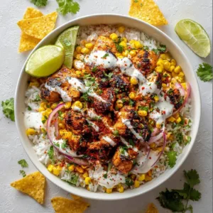 Delicious easy street corn chicken rice served in a bowl with fresh ingredients.