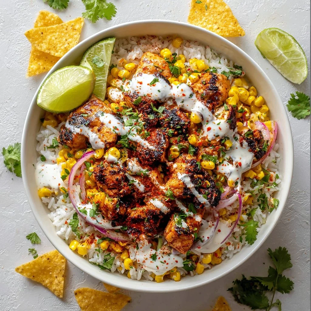 Delicious easy street corn chicken rice served in a bowl with fresh ingredients.