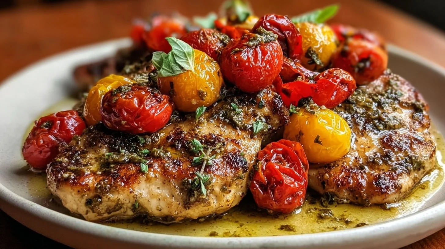Flavorful Pesto Chicken Recipe with Juicy Cherry Tomatoes