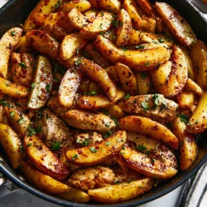 Garlic Butter Chicken with crispy potatoes on a plate