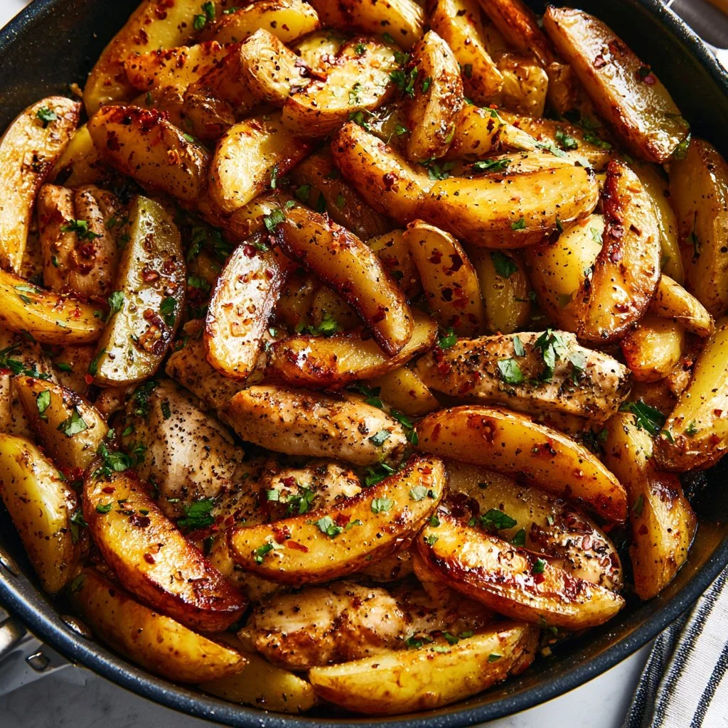 Garlic Butter Chicken with crispy potatoes on a plate