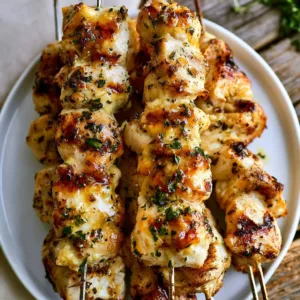 Grilled garlic parmesan chicken kebabs on a plate garnished with herbs.