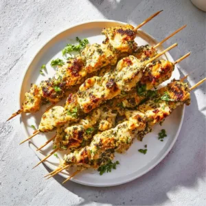 Garlic Parmesan Chicken Skewers on a platter garnished with herbs