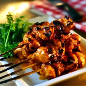 Grilled Thai chicken skewers served with dipping sauce and fresh herbs.