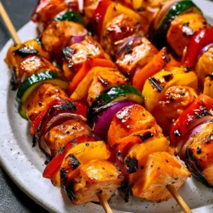 Delicious grilled chicken skewers served with fresh vegetables and dipping sauce