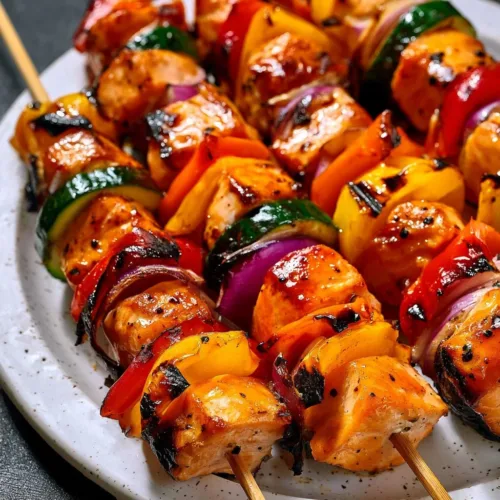 Delicious grilled chicken skewers served with fresh vegetables and dipping sauce