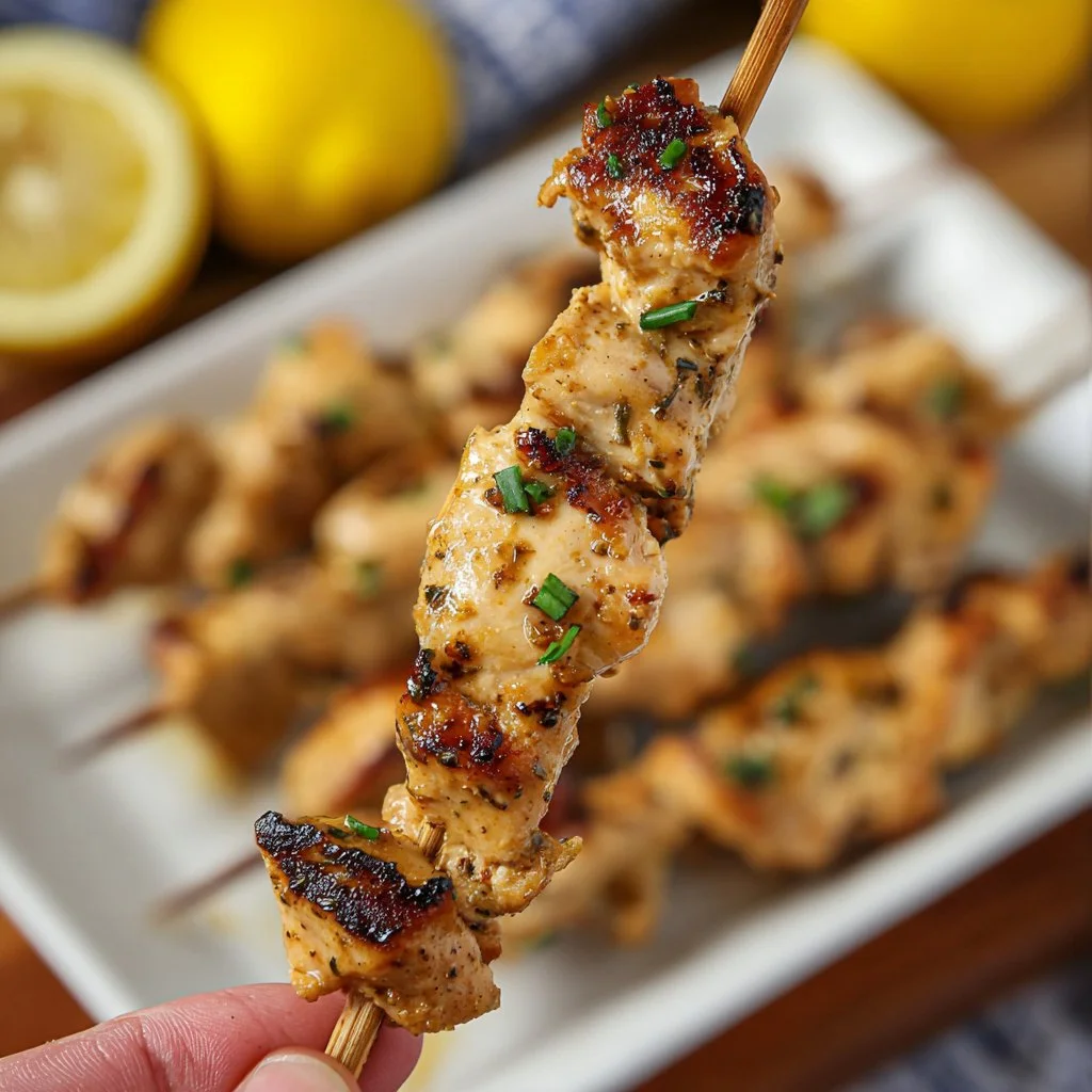 Grilled cowboy butter chicken skewers on a wooden platter