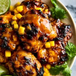 Grilled Mango Chicken garnished with fresh herbs and colorful mango slices