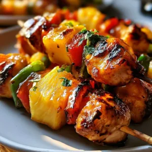 Delicious grilled pineapple chicken kabobs served on skewers