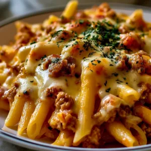 A plate of ground chicken pasta garnished with herbs and cheese