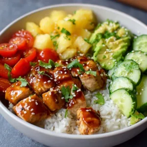 Delicious Hawaiian Chicken Bowl with colorful veggies and tropical flavors