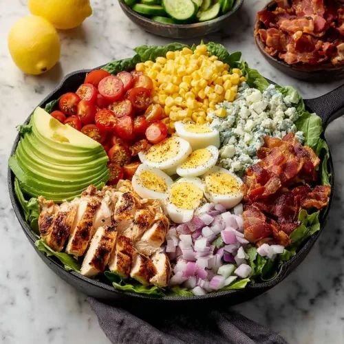 High Protein Chick Fil A Cobb Salad with fresh ingredients and toppings