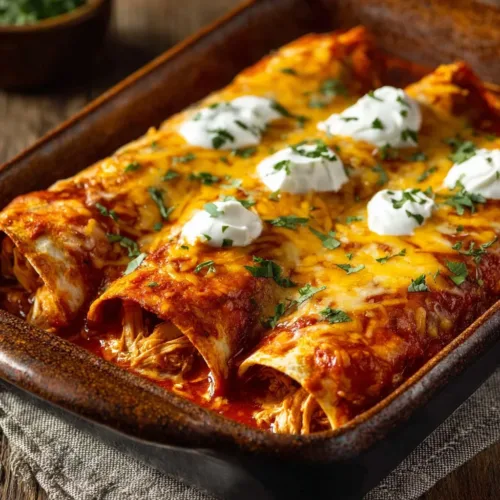 High protein chicken enchiladas topped with cheese and sauce