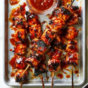 Delicious honey BBQ chicken kabobs on a grill ready to be served